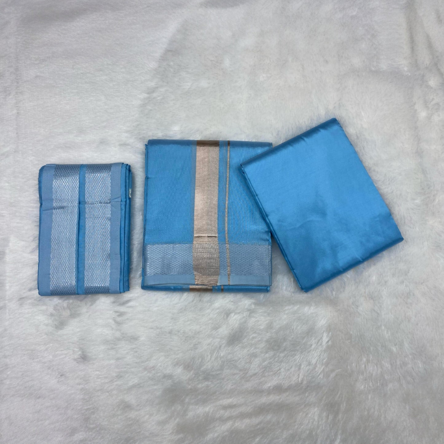 HORAD Premium Art Silk Sky Blue Shirt Material (3 Meter) + (9X5) Dhoti + Angavastram