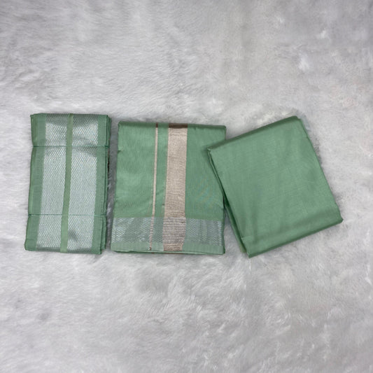 HORAD Premium Art Silk Pista Green Shirt Material (3 Meter) + (9X5) Dhoti + Angavastram