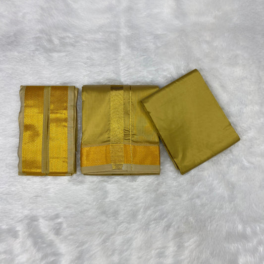 HORAD Premium Art Silk Dark Gold Shirt Material (3 Meter) + (9X5) Dhoti + Angavastram