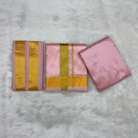 HORAD Premium Art Silk Petal Pink Dhoti with Shirt Material + Angavastram