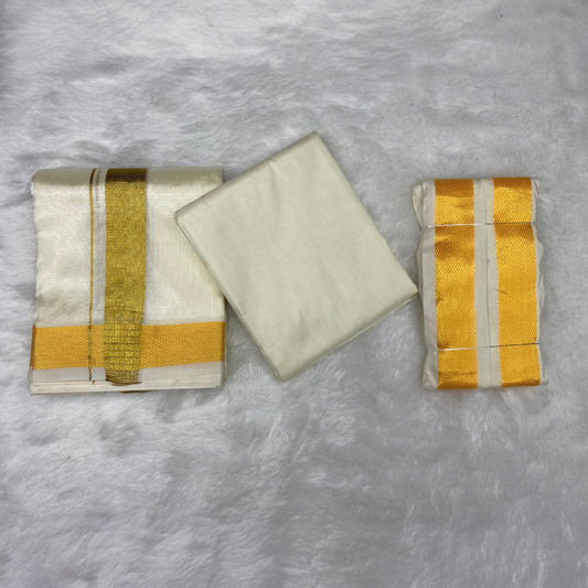 HORAD Premium Art Silk Cream with Gold Dhoti + Cream Shirt Material + Angavastram