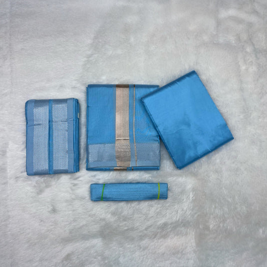 HORAD Premium Art Silk Sky Blue Shirt Material (3 Meter) + (9X5) Dhoti + Angavastram + Belt