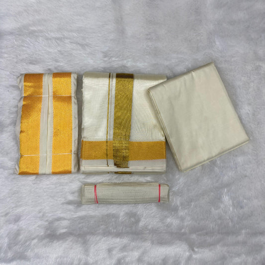 HORAD Premium Art Silk Cream with Gold Dhoti + Cream Shirt Material + Angavastram + Belt