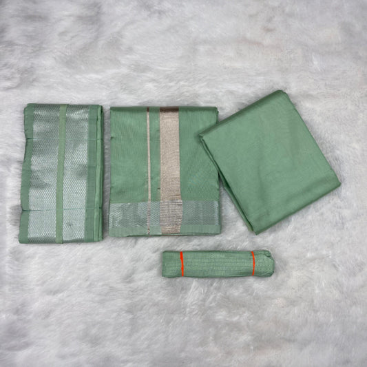 HORAD Premium Art Silk Pista Green Shirt Material (3 Meter) + (9X5) Dhoti + Angavastram + Belt