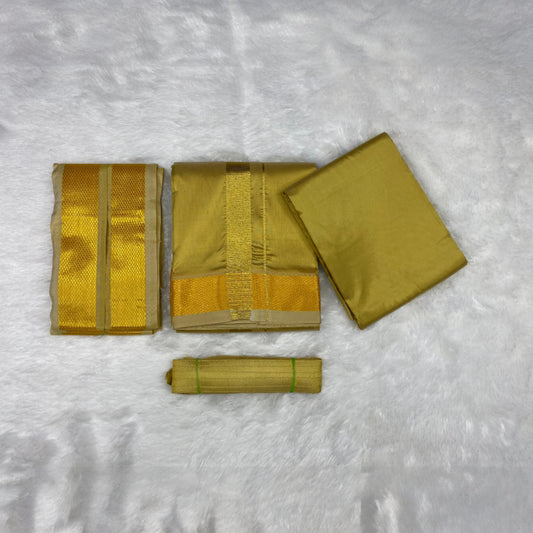 HORAD Premium Art Silk Dark Gold Shirt Material (3 Meter) + (9X5) Dhoti + Angavastram + Belt