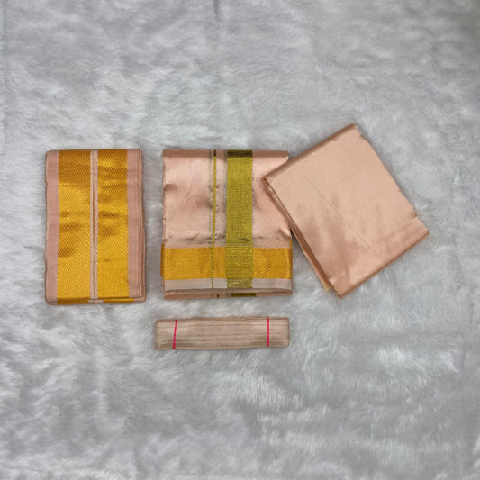 HORAD Premium Art Silk Rose Gold Dhoti with Shirt Material + Angavastram + Belt