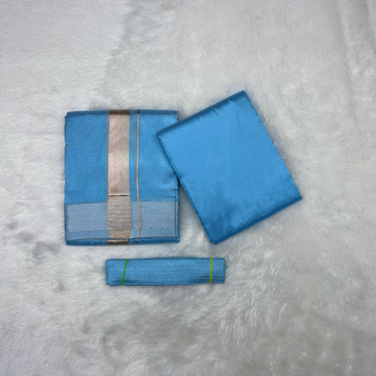 HORAD Premium Art Silk Sky Blue Dhoti with Shirt Material + Belt