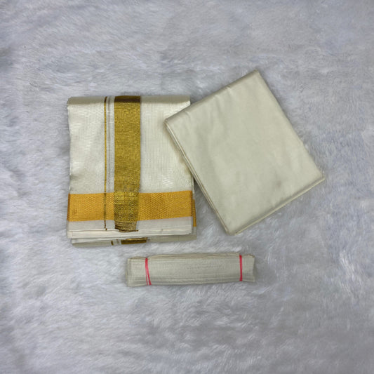 HORAD Premium Art Silk Cream with Gold Dhoti + Cream Shirt Material + Belt