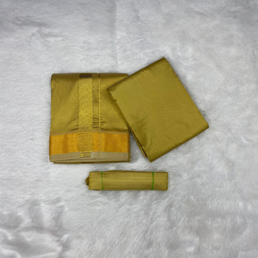 HORAD Premium Art Silk Dark Gold Dhoti with Shirt Material + Belt