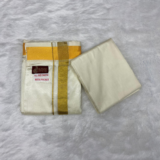 HORAD Premium Art Silk Cream with Gold Welcro Dhoti with Cream Shirt Material
