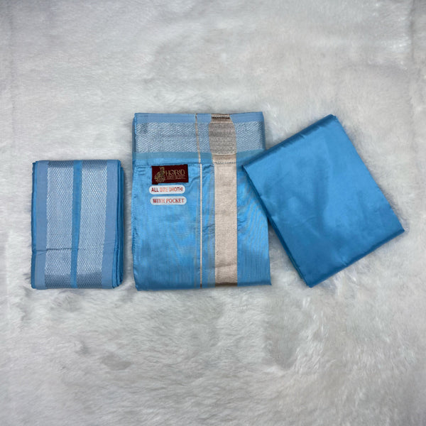 HORAD Premium Art Silk Sky Blue Welcro Dhoti with Shirt Material + Angavastram