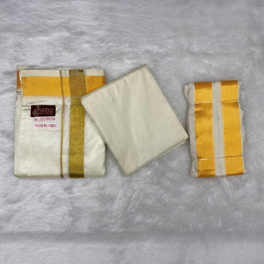 HORAD Premium Art Silk Cream with Gold Welcro Dhoti with Cream Shirt Material + Angavastram
