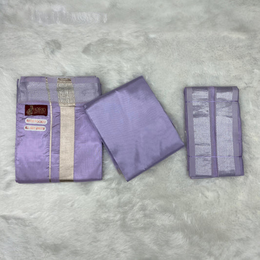 HORAD Premium Art Silk Lavender Welcro Dhoti with Shirt Material + Angavastram