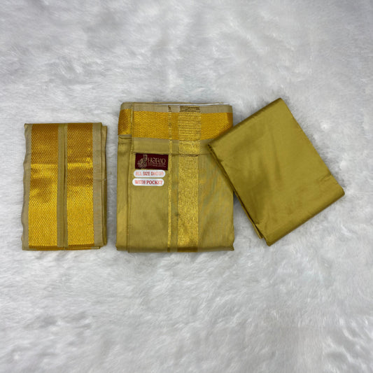 HORAD Premium Art Silk Dark Gold Welcro Dhoti with Shirt Material + Angavastram
