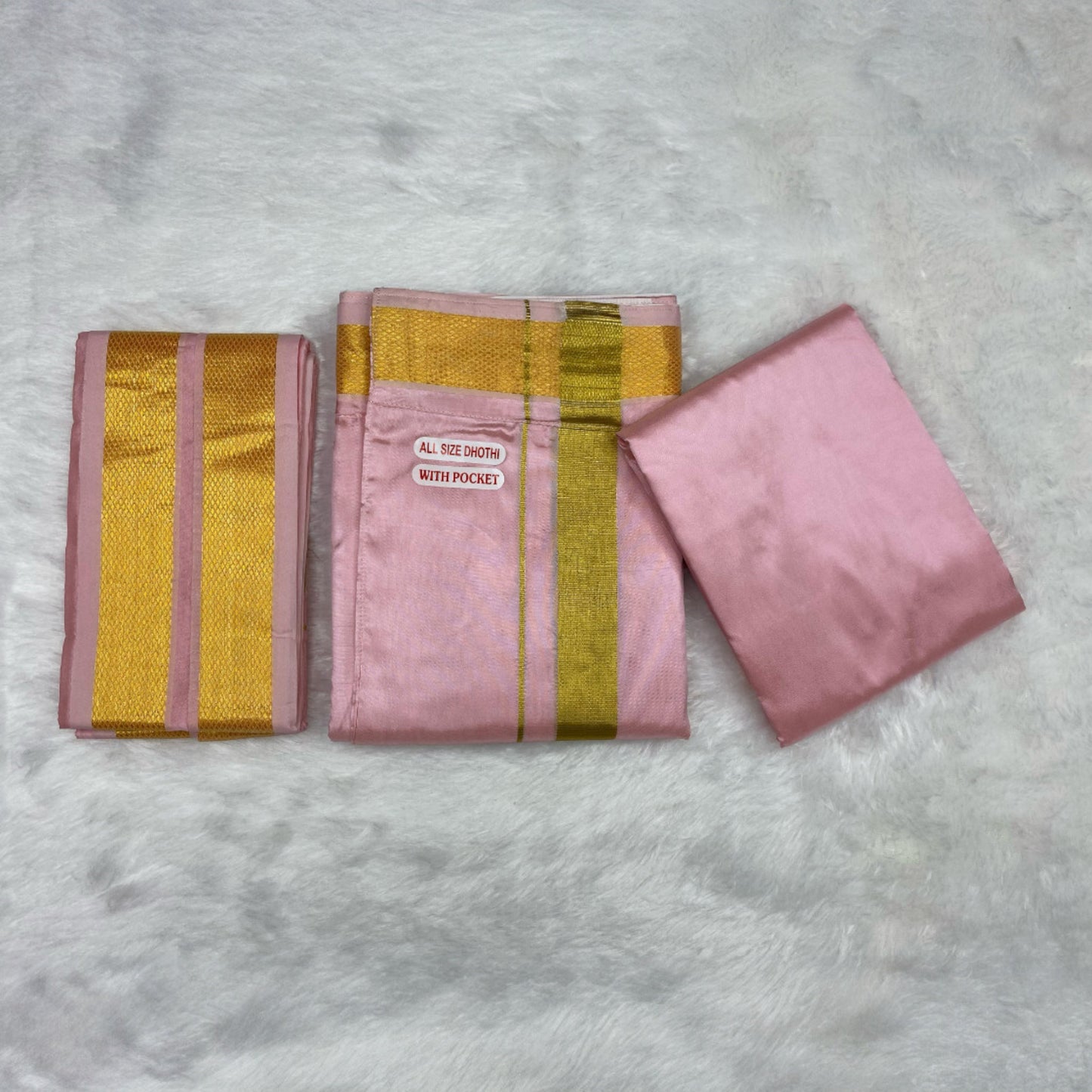 HORAD Premium Art Silk Petal Pink Welcro Dhoti with Shirt Material + Angavastram