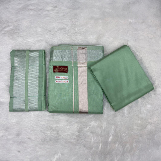 HORAD Premium Art Silk Pista Green Welcro Dhoti with Shirt Material + Angavastram