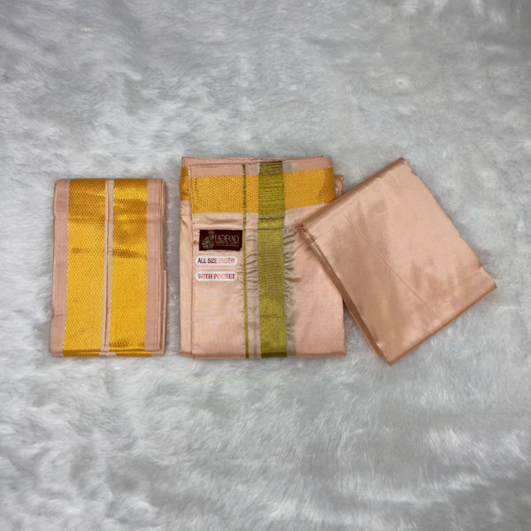 HORAD Premium Art Silk Rose Gold Welcro Dhoti with Shirt Material + Angavastram