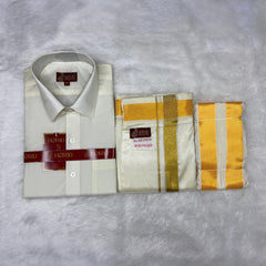 Horad Premium Art Silk Cream Shirt + Cream with Gold Welcro Dhoti + Angavastram