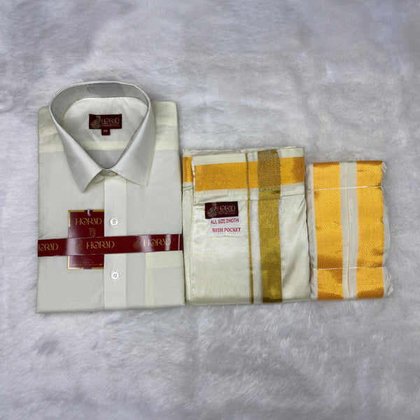Horad Premium Art Silk Cream Shirt + Cream with Gold Welcro Dhoti + Angavastram