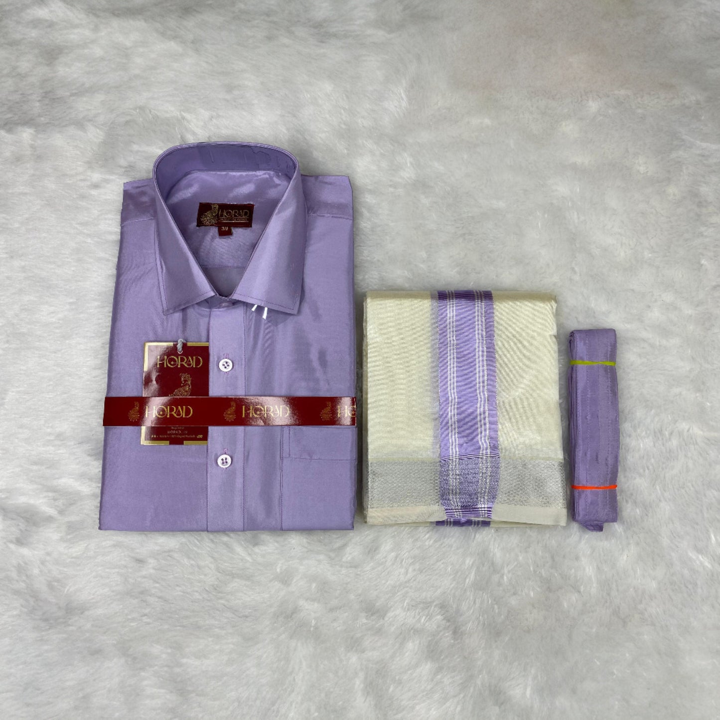 Horad Premium Art Silk Lavender Shirt + Cream with Lavender+Silver Border Dhoti + Belt
