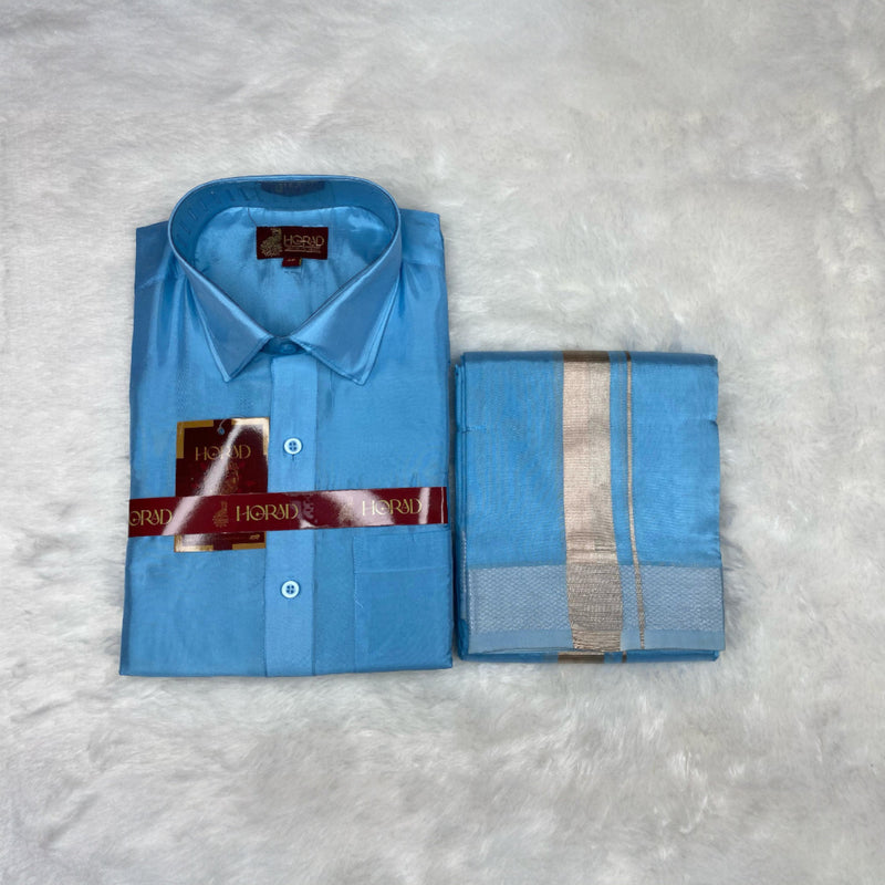 Horad Premium Art Silk Sky Blue Shirt + Dhoti