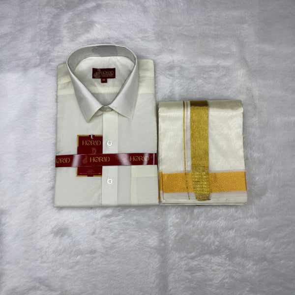 Horad Premium Art Silk Cream Shirt + Cream with Gold Dhoti