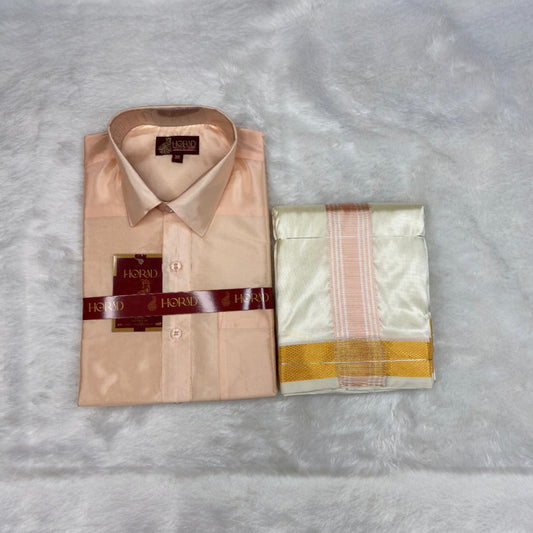 Horad Premium Art Silk RoseGold Shirt + Cream with RoseGold+Gold Border Dhoti
