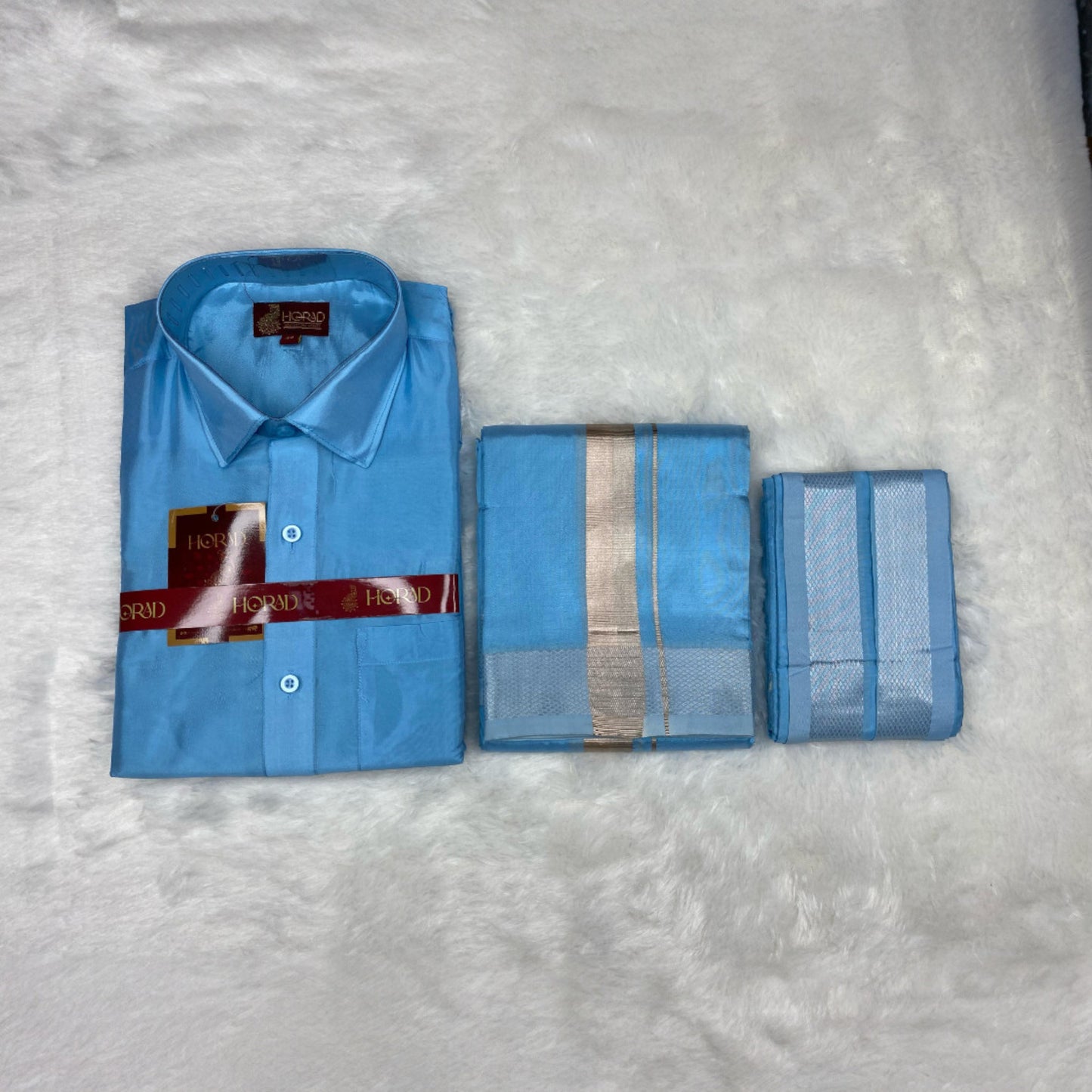 Horad Premium Art Silk Sky Blue Shirt + Dhoti +  Angavastram