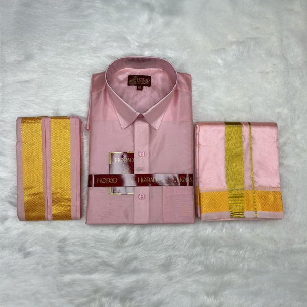 Horad Premium Art Silk Petal Pink Shirt + Dhoti + Angavastram