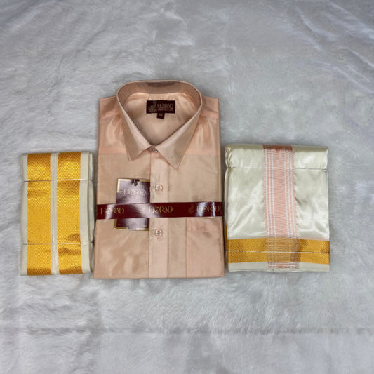 Horad Premium Art Silk RoseGold Shirt + Cream with RoseGold+Gold Border Dhoti + Angavastram
