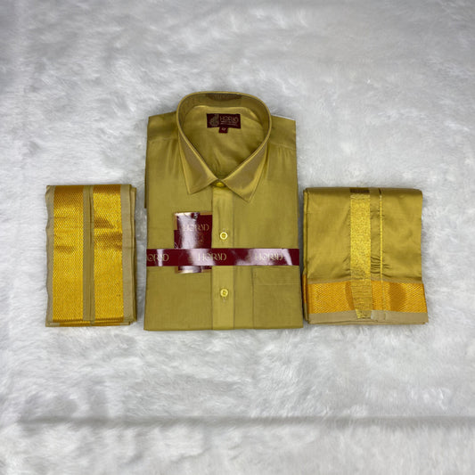Horad Premium Art Silk Dark Gold Shirt + Dhoti +  Angavastram