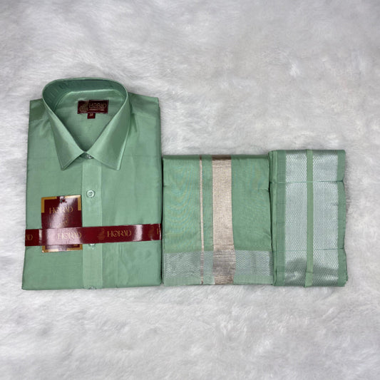 Horad Premium Art Silk Pista Green Shirt + Dhoti +  Angavastram