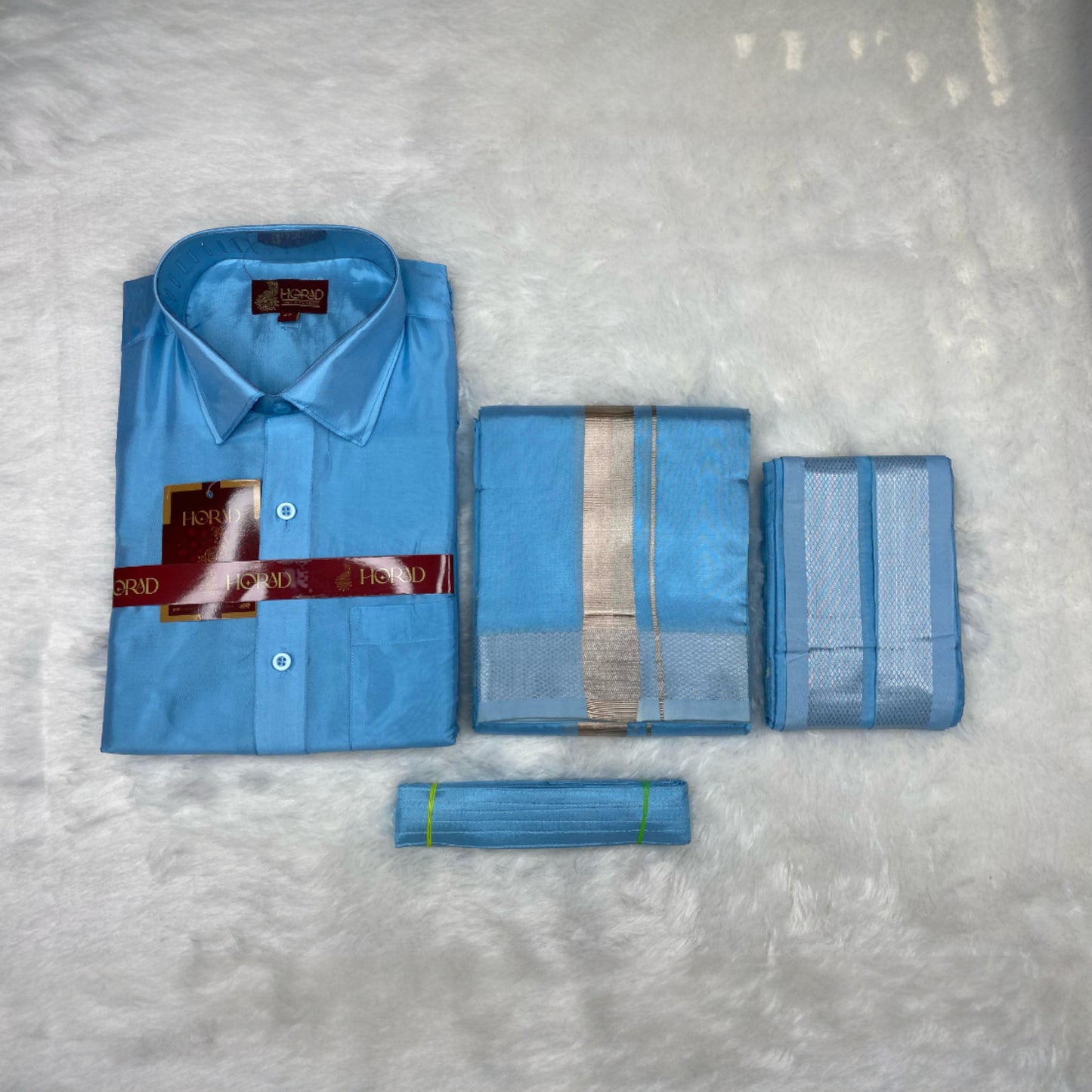 Horad Premium Art Silk Sky Blue Shirt + Dhoti +  Angavastram + Belt