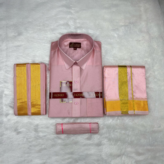 Horad Premium Art Silk Petal Pink Shirt + Dhoti + Angavastram + Belt