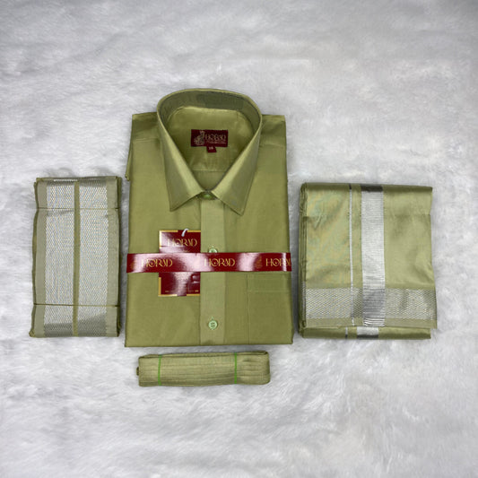 Horad Premium Art Silk FIR.Green Shirt + Dhoti +  Angavastram + Belt