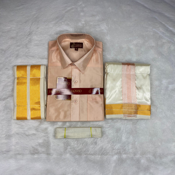 Horad Premium Art Silk RoseGold Shirt + Cream with RoseGold+Gold Border Dhoti + Angavastram + Belt