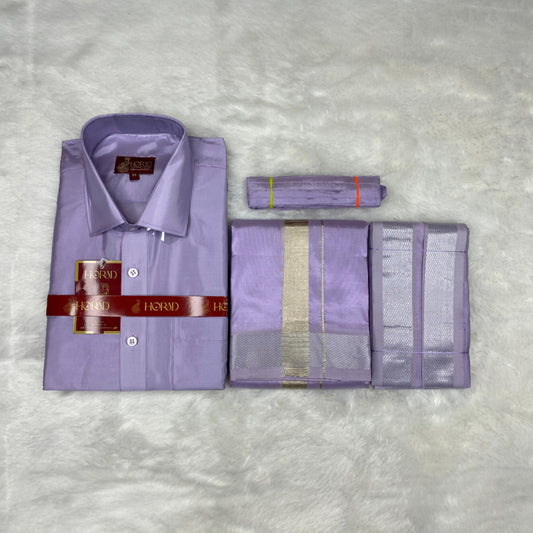 Horad Premium Art Silk Lavender Shirt + Dhoti +  Angavastram + Belt