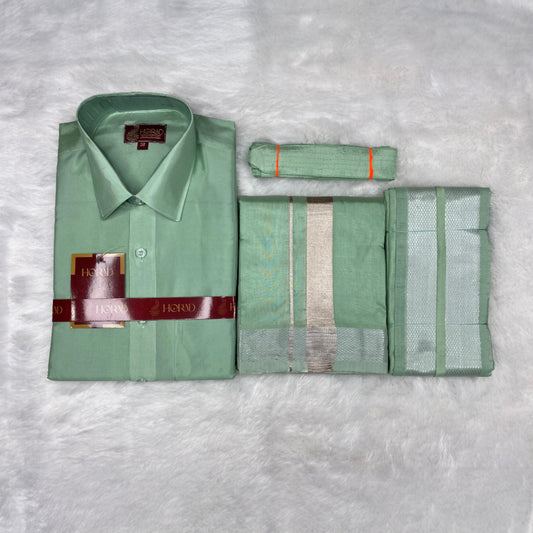 Horad Premium Art Silk Pista Green Shirt + Dhoti + Angavastram + Belt