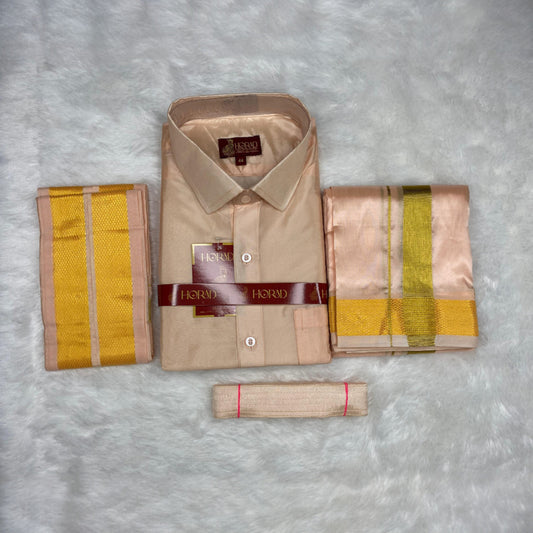 Horad Premium Art Silk Rose Gold Shirt + Dhoti +  Angavastram + Belt