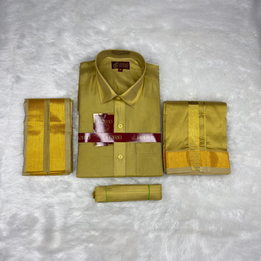 Horad Premium Art Silk Dark Gold Shirt + Dhoti +  Angavastram + Belt