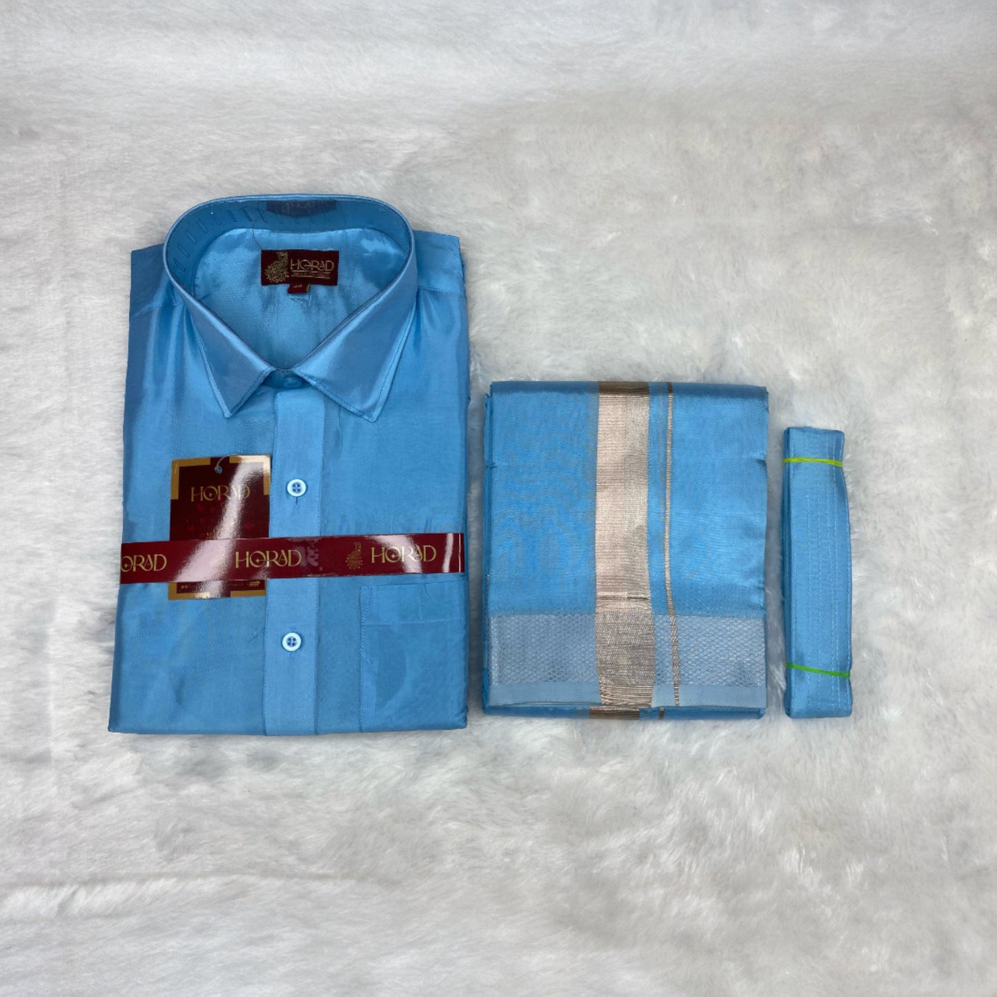 Horad Premium Art Silk Sky Blue Shirt + Dhoti + Belt
