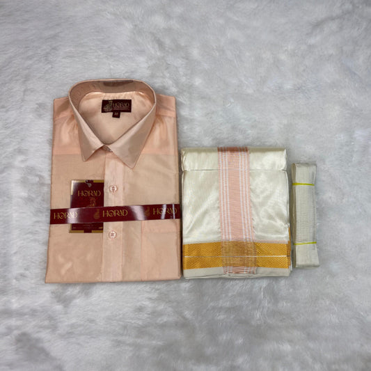 Horad Premium Art Silk RoseGold Shirt + Cream with RoseGold+Gold Border Dhoti + Belt