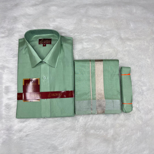 Horad Premium Art Silk Pista Green Shirt + Dhoti + Belt