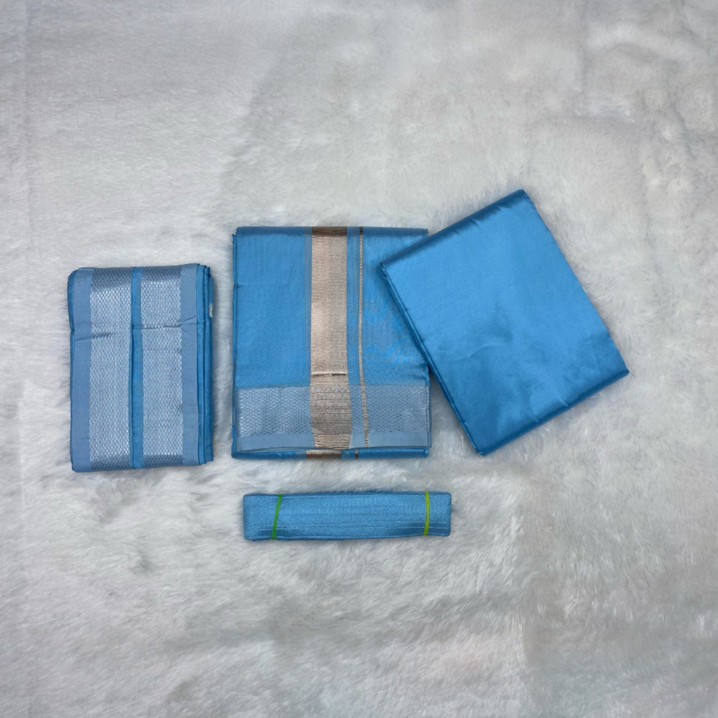 HORAD Premium Art Silk Sky Blue Dhoti with Shirt Material + Angavastram + Belt