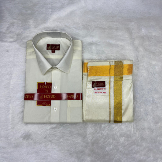 Horad Premium Art Silk Cream Shirt + Cream with Gold Welcro Dhoti