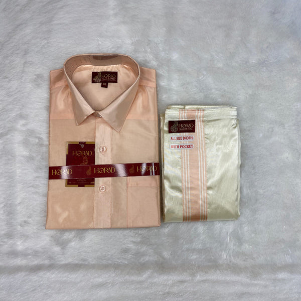 Horad Premium Art Silk RoseGold Shirt + Cream with RoseGold+Gold Border Welcro Dhoti