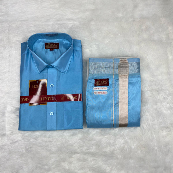 Horad Premium Art Silk Sky Blue Shirt + Welcro Dhoti