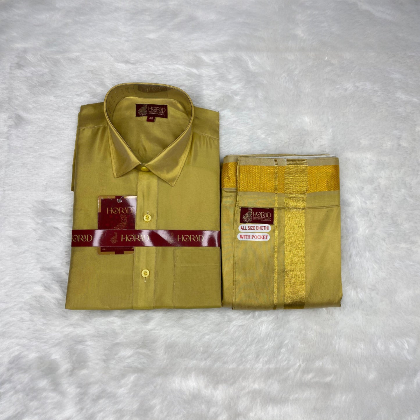 Horad Premium Art Silk Dark Gold Shirt + Welcro Dhoti