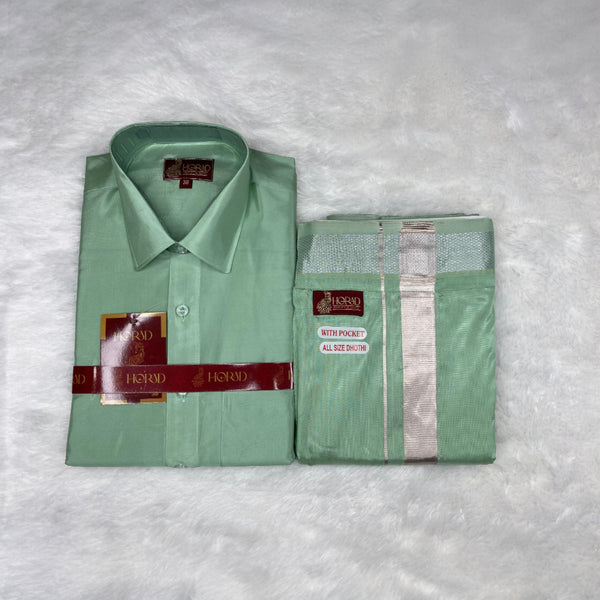 Horad Premium Art Silk Pista Green Shirt + Welcro Dhoti