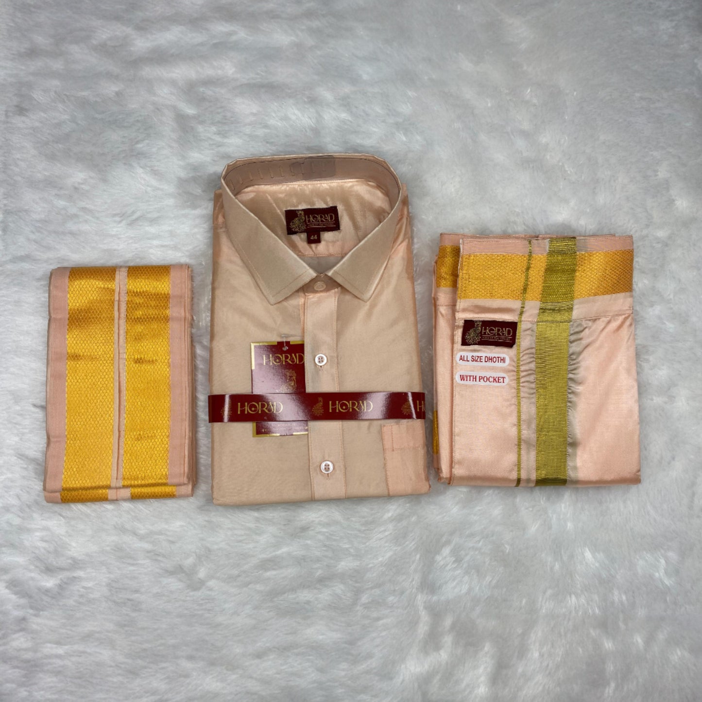 Horad Premium Art Silk Rose Gold Shirt + Welcro Dhoti + Angavastram